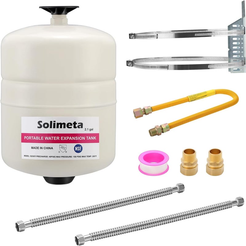 Solimeta 2.1 Gallon Potable Water Expansion Tank with Adjustable Wall Bracket & Gas Water Heater Installation Kit (24" Stainless Steel Hoses 3/4" FIP + 24" Gas Connector) - Image 1
